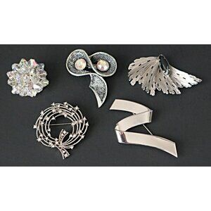 Mid-Century Modern Silver Tone Brooches Set of 5 Alaskan Diamond & Rhinestone Ac